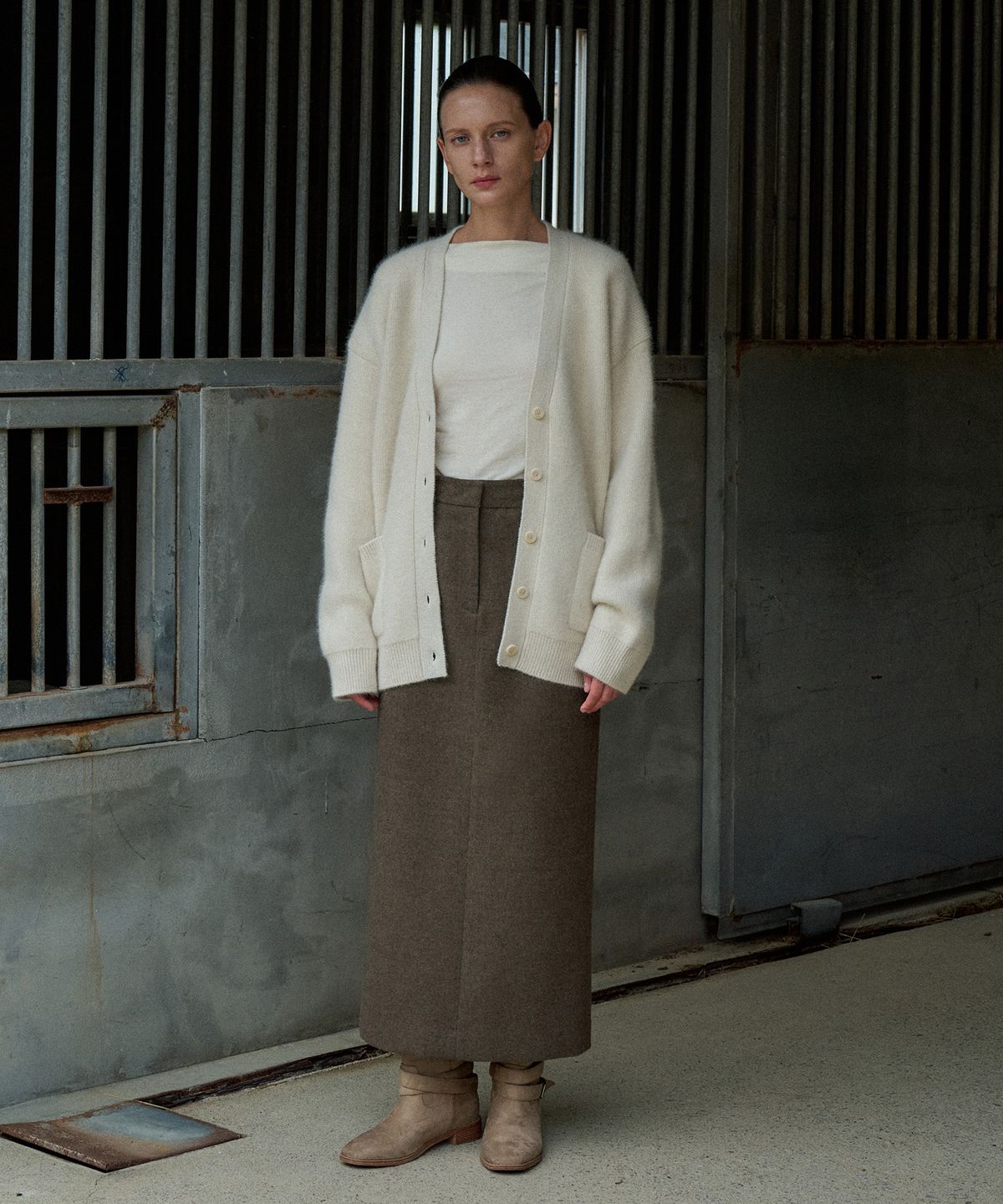 라메레이(LAMEREI) Wool Maxi H-line Skirt[LMBEWISK408]-Brown