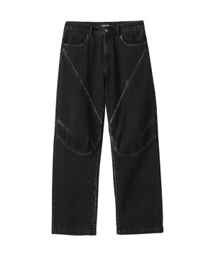 Grain Curved Seam Washed Denim Pants - BLACK