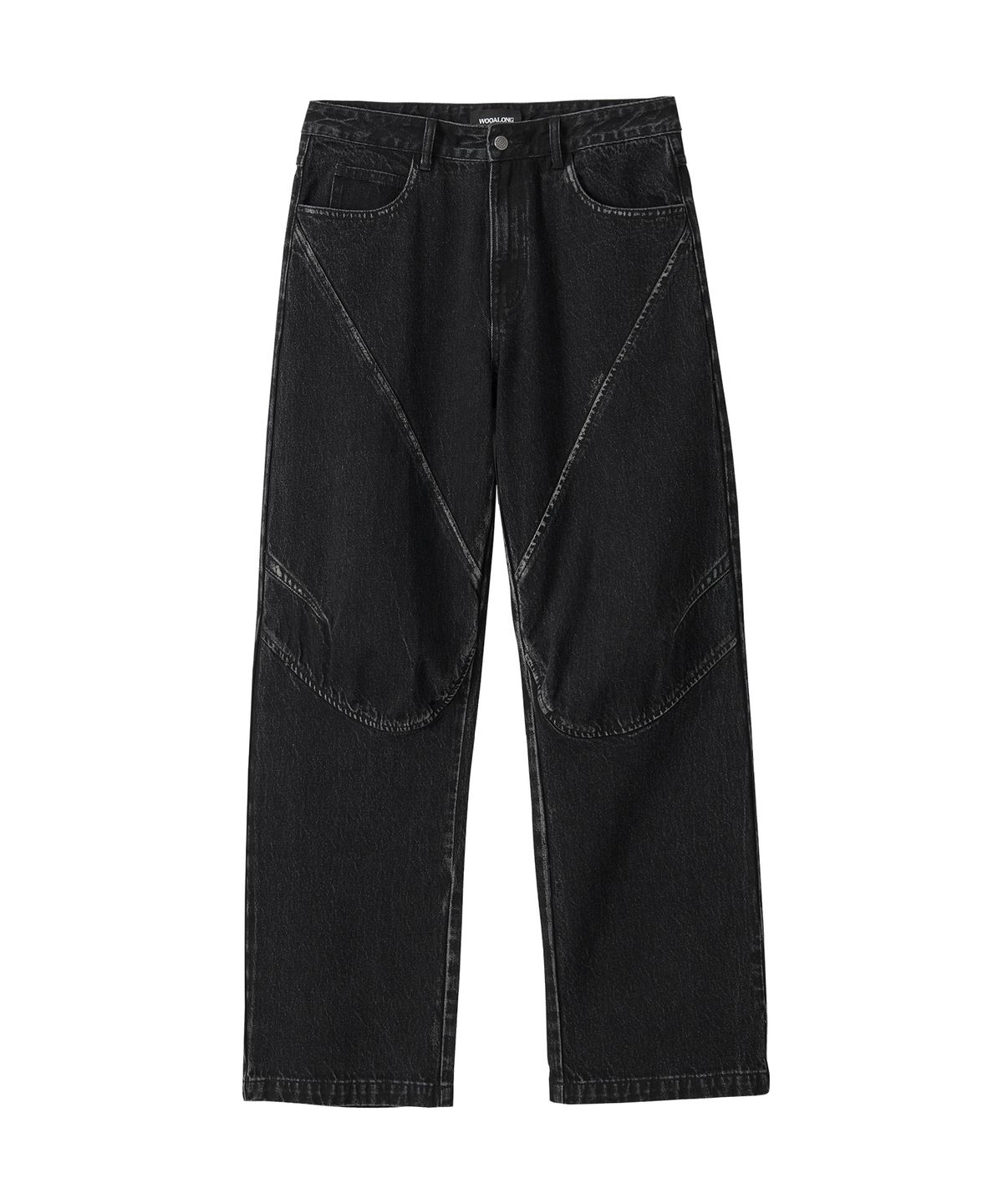 우알롱(WOOALONG) Grain Curved Seam Washed Denim Pants - BLACK