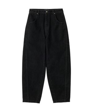 Velvet Stitch Curve Balloon Wide Denim Pants - BLACK