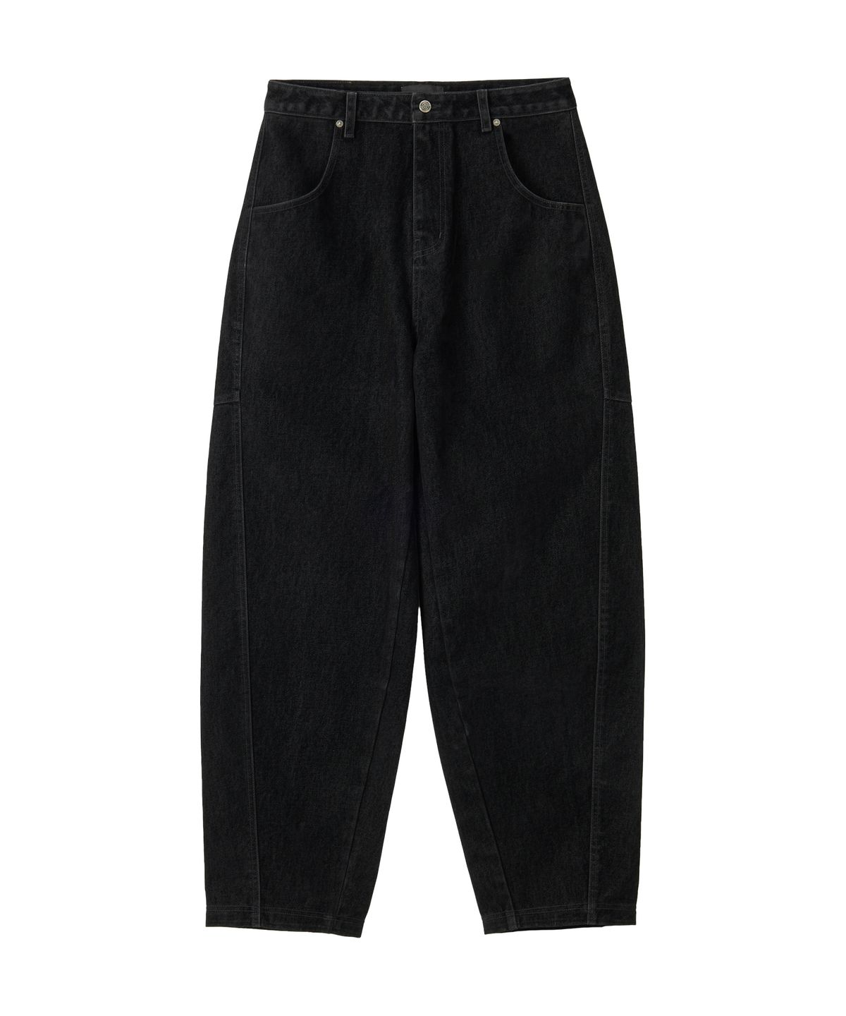 우알롱(WOOALONG) Velvet Stitch Curve Balloon Wide Denim Pants - BLACK