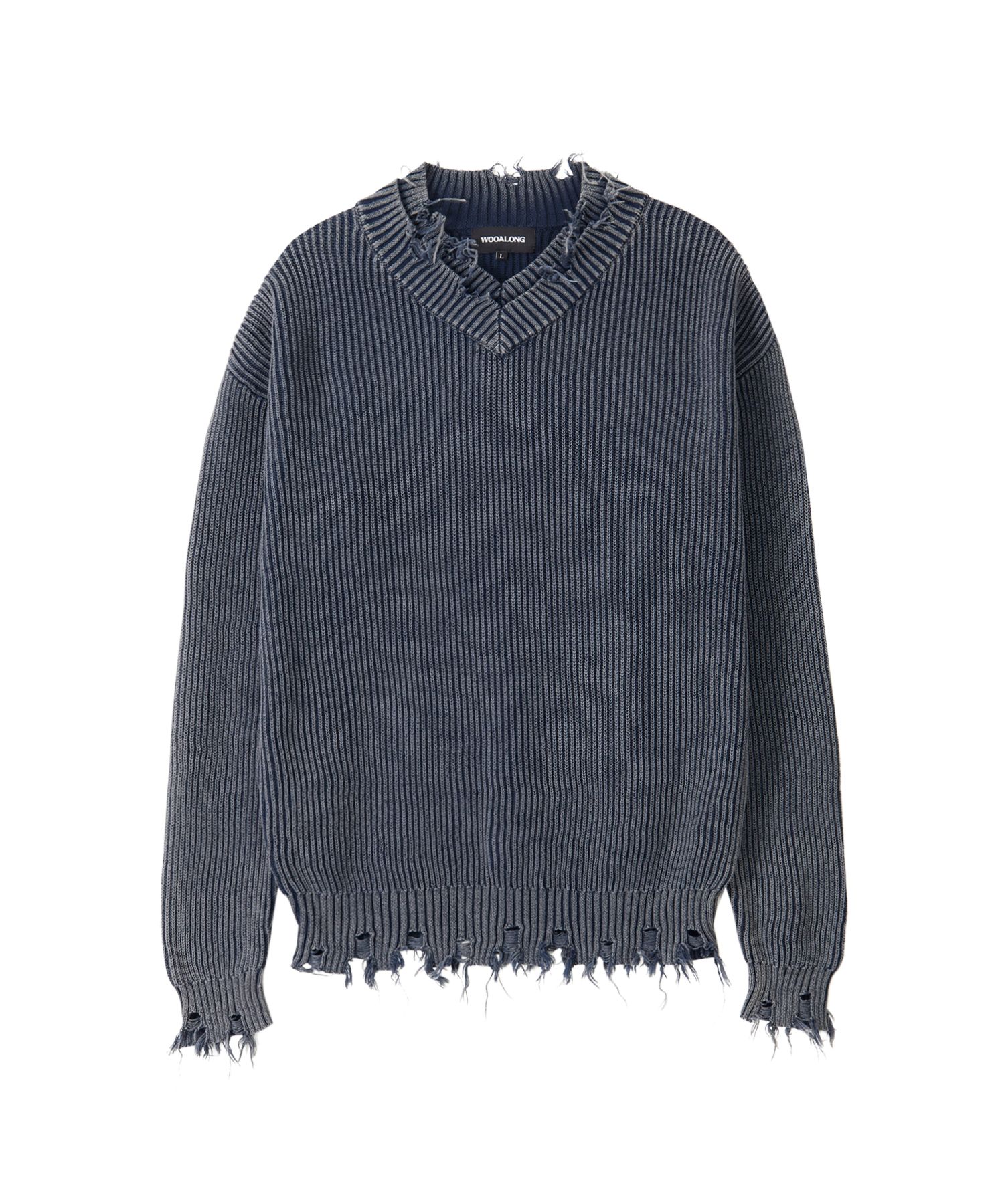 MUSINSA | WOOALONG Vintage Damage V-Neck Loose Knit - CHARCOAL