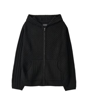Rib Knit Hoodie Zip-Up - BLACK