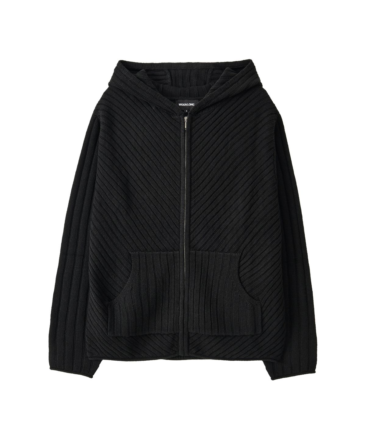 우알롱(WOOALONG) Rib Knit Hoodie Zip-Up - BLACK