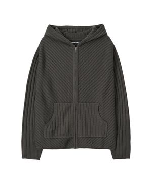 Rib Knit Hoodie Zip-Up - CHARCOAL
