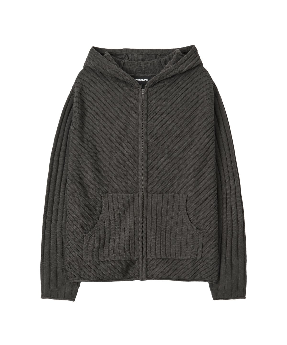 우알롱(WOOALONG) Rib Knit Hoodie Zip-Up - CHARCOAL