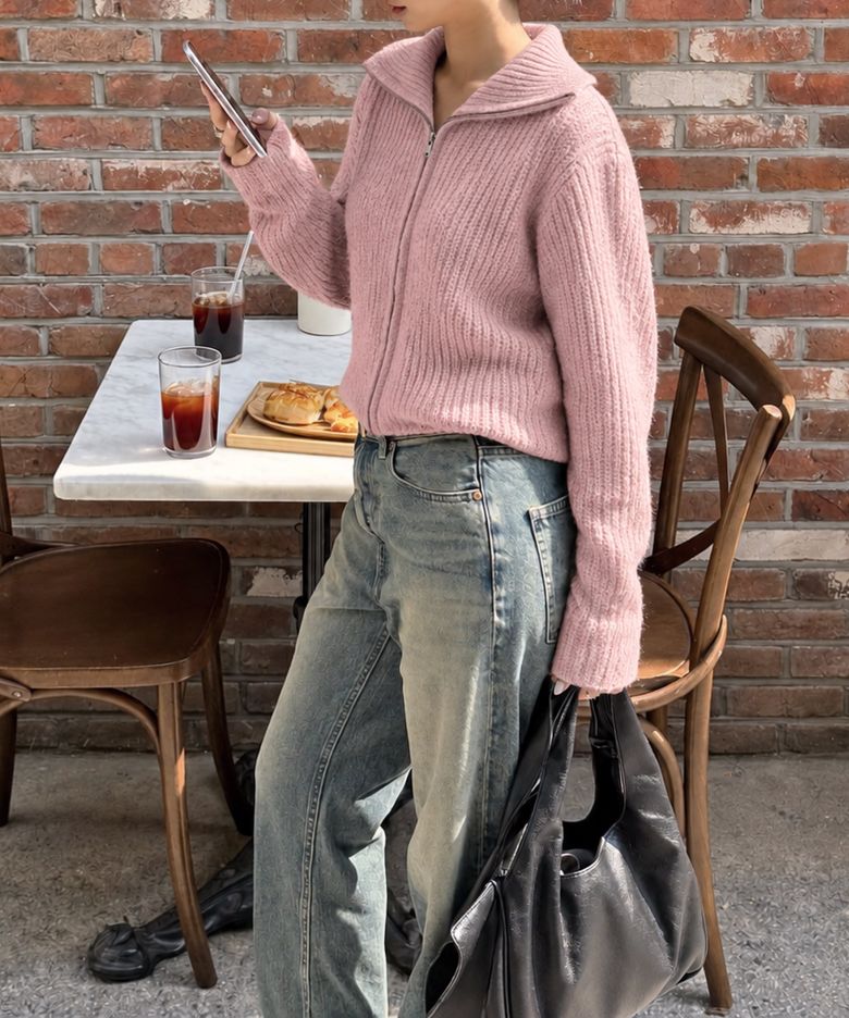 lotsyou_Harper Knit Zip-Up Pink
