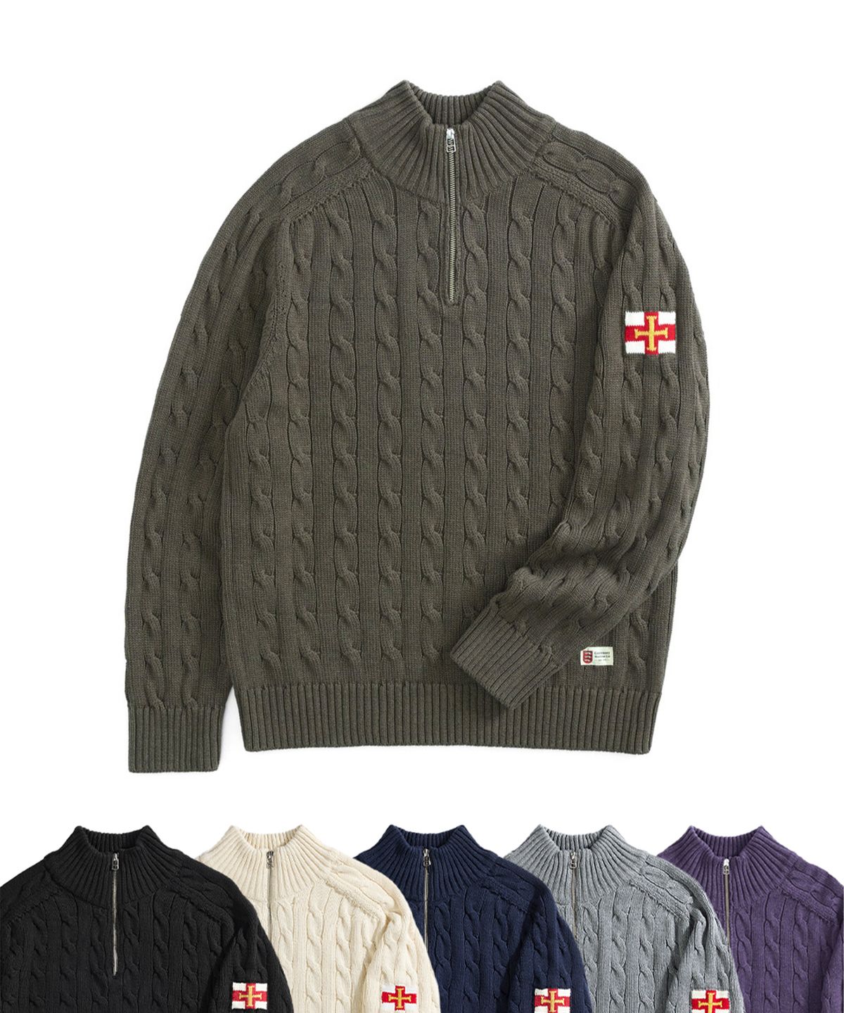 건지 울른스(Guernsey Woollens) 헤비코튼 케이블 하프 집업 스웨터 컬렉션