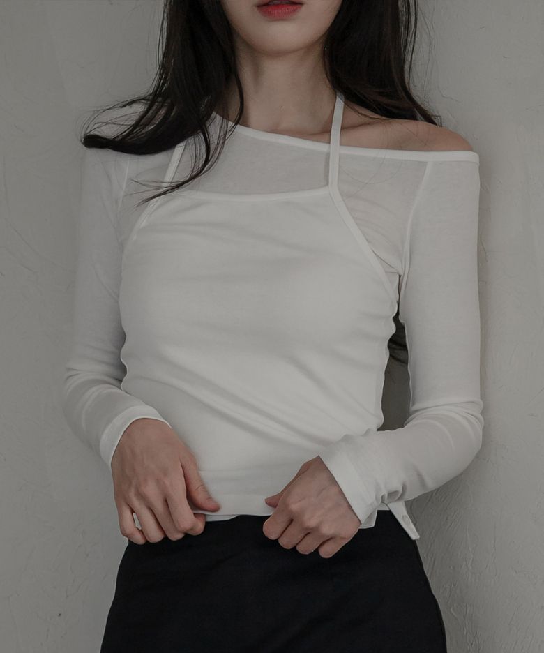 원숄더 버튼 레이어드 티셔츠_화이트