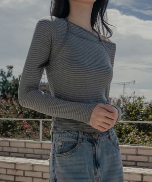 원숄더 버튼 레이어드 티셔츠_그레이