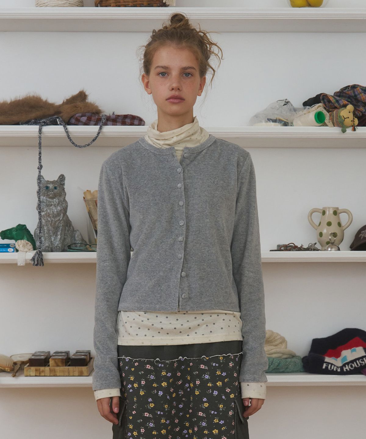 펀프롬펀(FUNFROMFUN) Buttons Velour Cardigan, Melange Grey