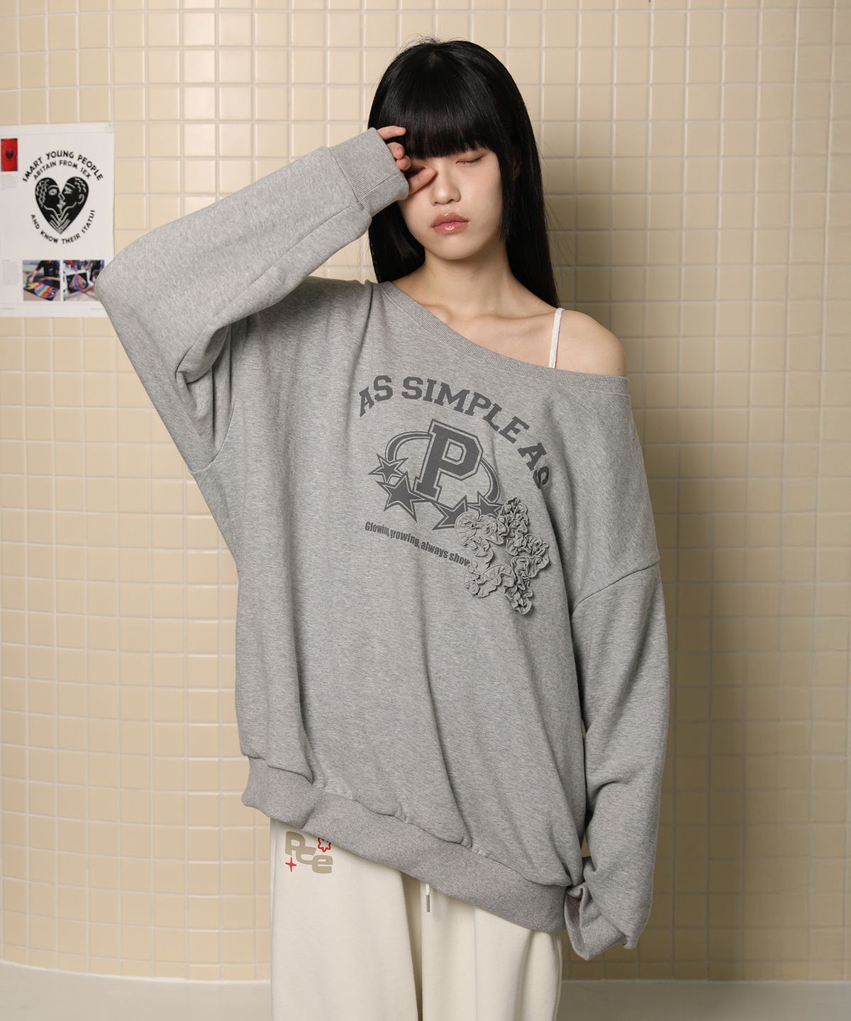피스메이커(PIECE MAKER) ASAP FRILL OFF-SHOULDER SWEATSHIRTS (GREY)