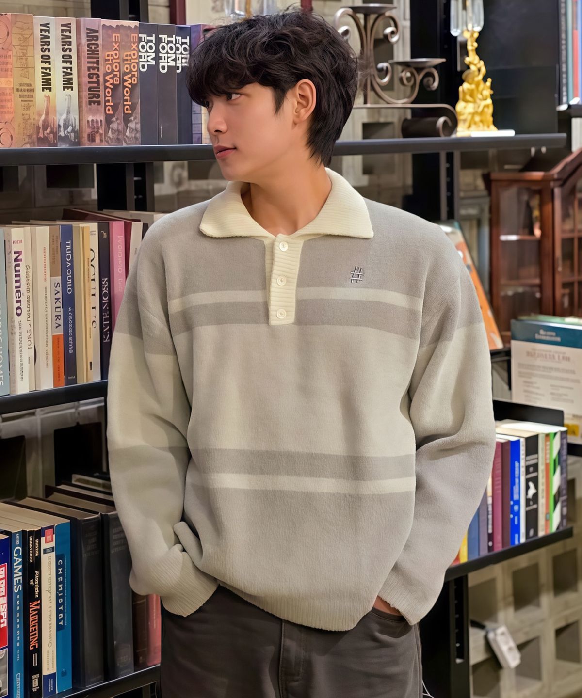빈트릴(BEENTRILL) 헤어리 스트라이프 카라 니트(그레이)