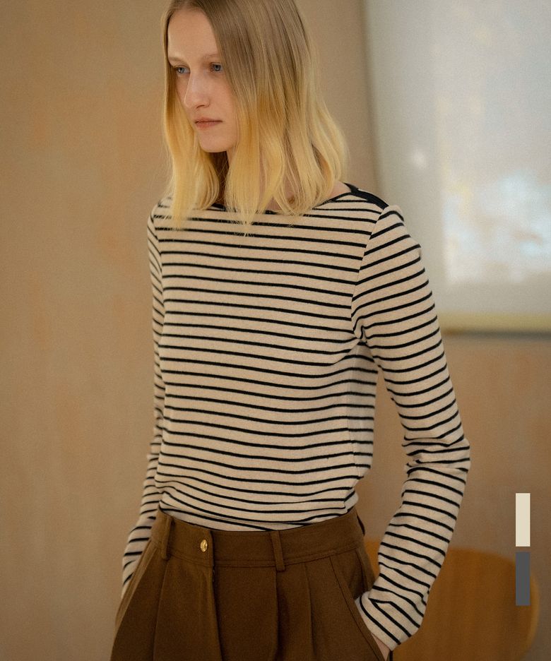 Soft cotton stripe boat-neck T-shirt [KNFW04TS10]_[2color]