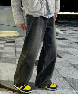 뒷밴딩 무지 와이드 데님 팬츠[블랙]