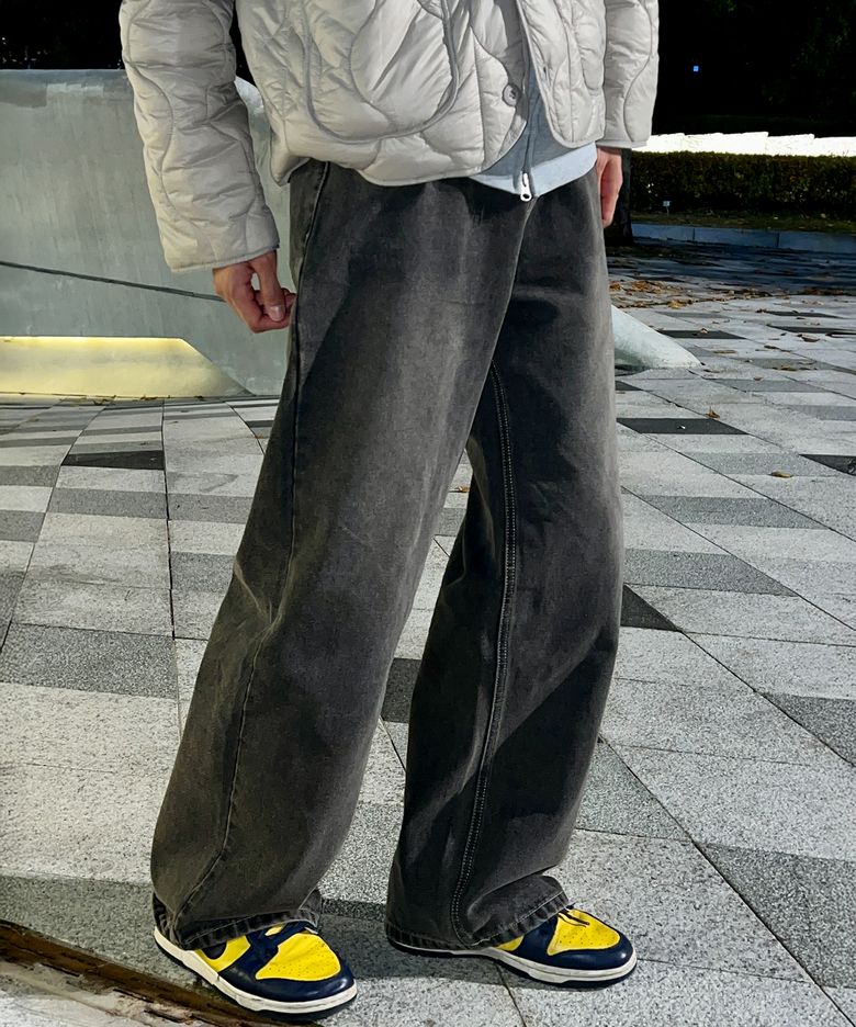 뒷밴딩 무지 와이드 데님 팬츠[블랙]
