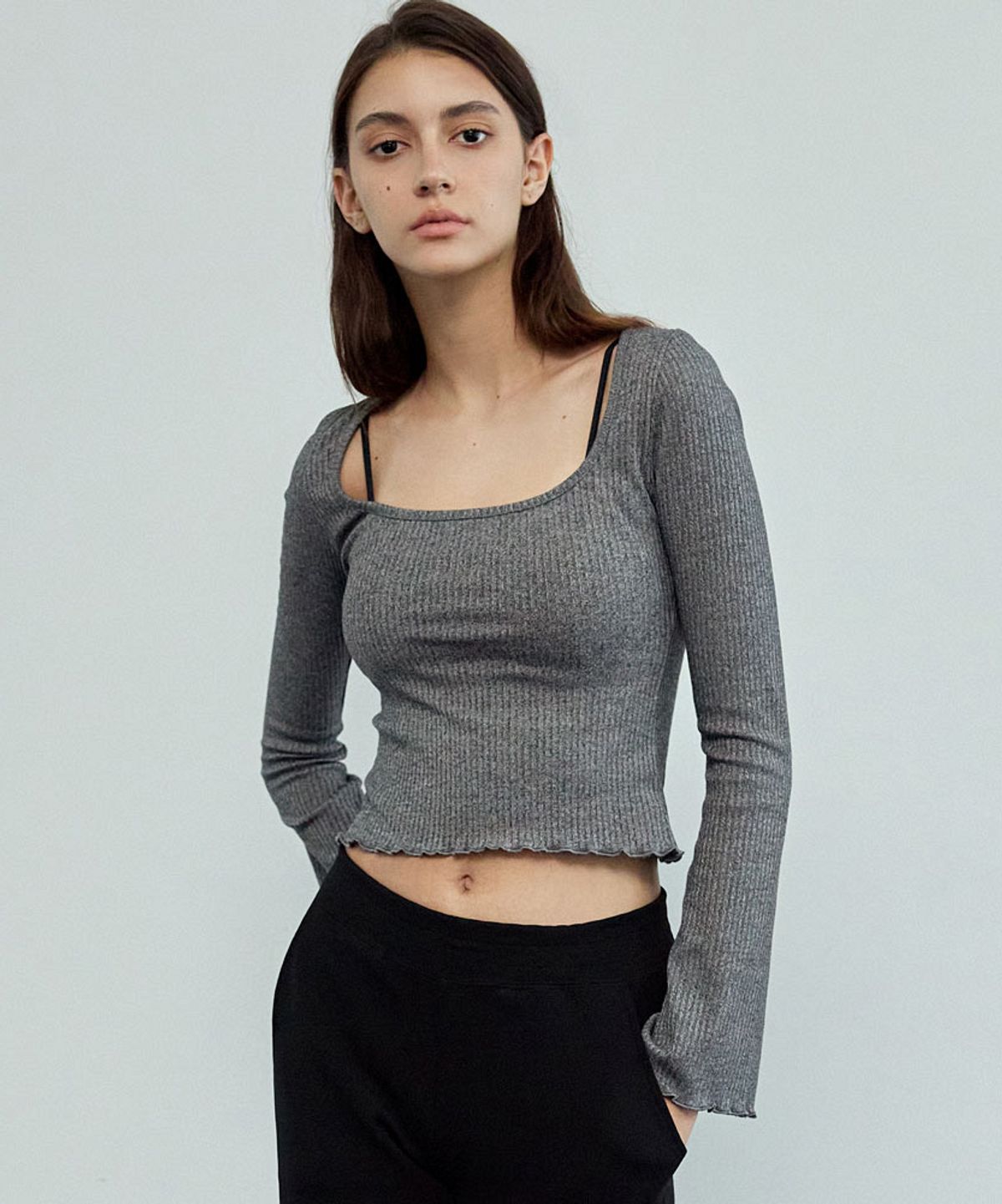 데비웨어(DEVIWEAR) 골지 벨 롱슬리브 DEVI-T0136-차콜