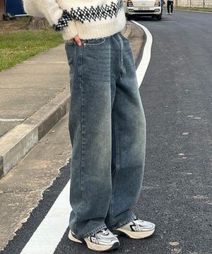 뒷밴딩 무지 워싱 와이드 데님 팬츠[인디고블루]