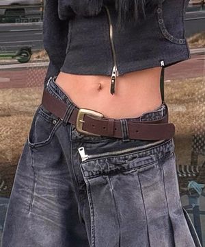 레더 100 브라운 와이드 오벌 스퀘어 버클 벨트 (GOLD)