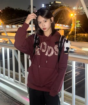 RODS 빅 로고 체크 후드티 (와인)