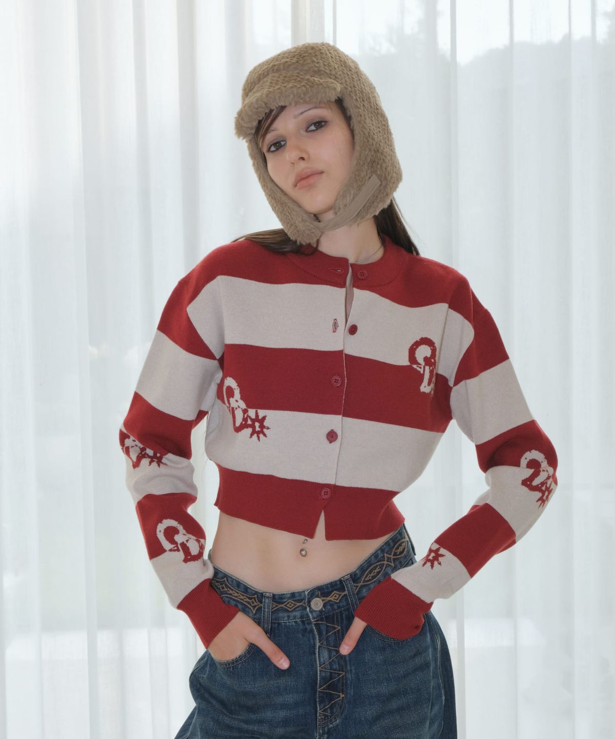 오디너리 홀리데이(ORDINARY HOLIDAY) STRIPE CROP KNIT CARDIGAN [RED]