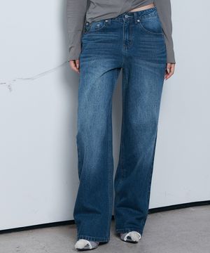 [우먼] 캣워싱 브러쉬  와이드 데님 팬츠 [진청]