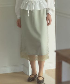 사틴 레이스 스트링 스커트 - 올리브