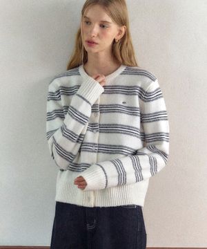 멀티 스트라이프 라운드넥 가디건 - 아이보리