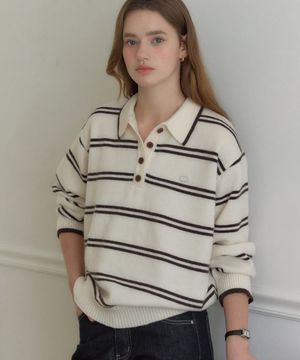 캐롤린 스트라이프 카라 니트 - 아이보리