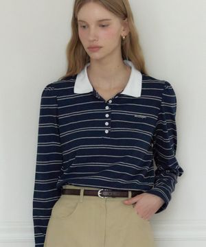 스트라이프 셔링 피케이 슬리브 티셔츠 - 네이비