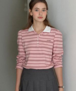 스트라이프 셔링 피케이 슬리브 티셔츠 - 핑크