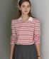 스트라이프 셔링 피케이 슬리브 티셔츠 - 핑크