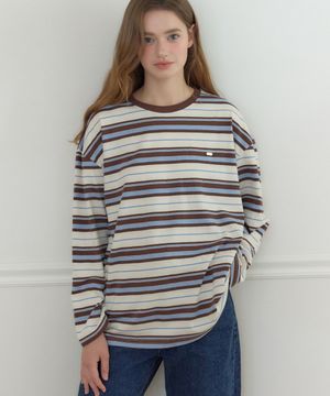 오버핏 로고 스트라이프 슬리브 티셔츠 - 블루