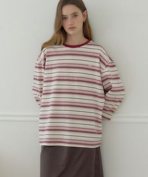 오버핏 로고 스트라이프 슬리브 티셔츠 - 핑크