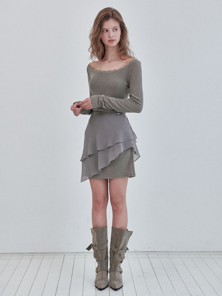 LACE JERSEY MINI DRESS WRAP SKIRT SET_COCOA