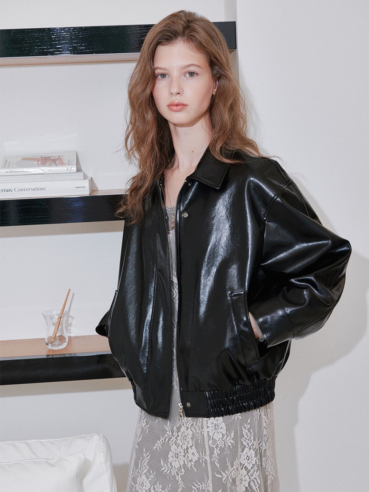 오앨(OUEL) FAUX LEATHER BLOUSON JACKET_BLACK