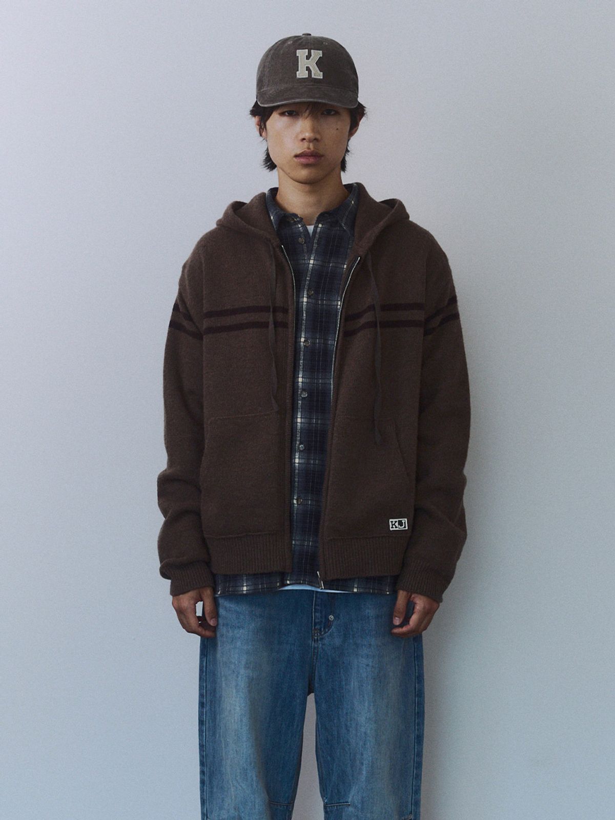 기준 맨(KIJUN MEN) Double Line Knit Hoodie Zip-up Brown