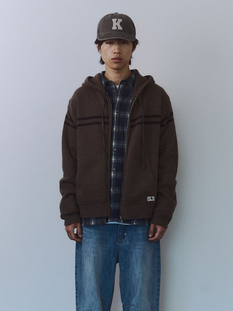Double Line Knit Hoodie Zip-up Brown