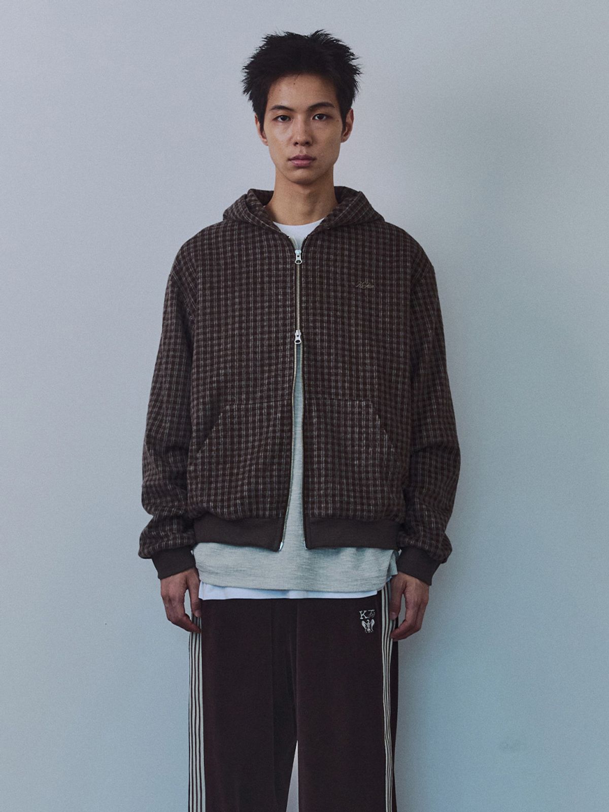 기준 맨(KIJUN MEN) Hairy Plaid Hoodie Zip-Up Brown