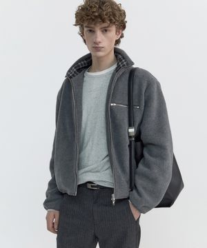 COLLAR CONTRAST FLEECE JUMPER - MELANGE GREY