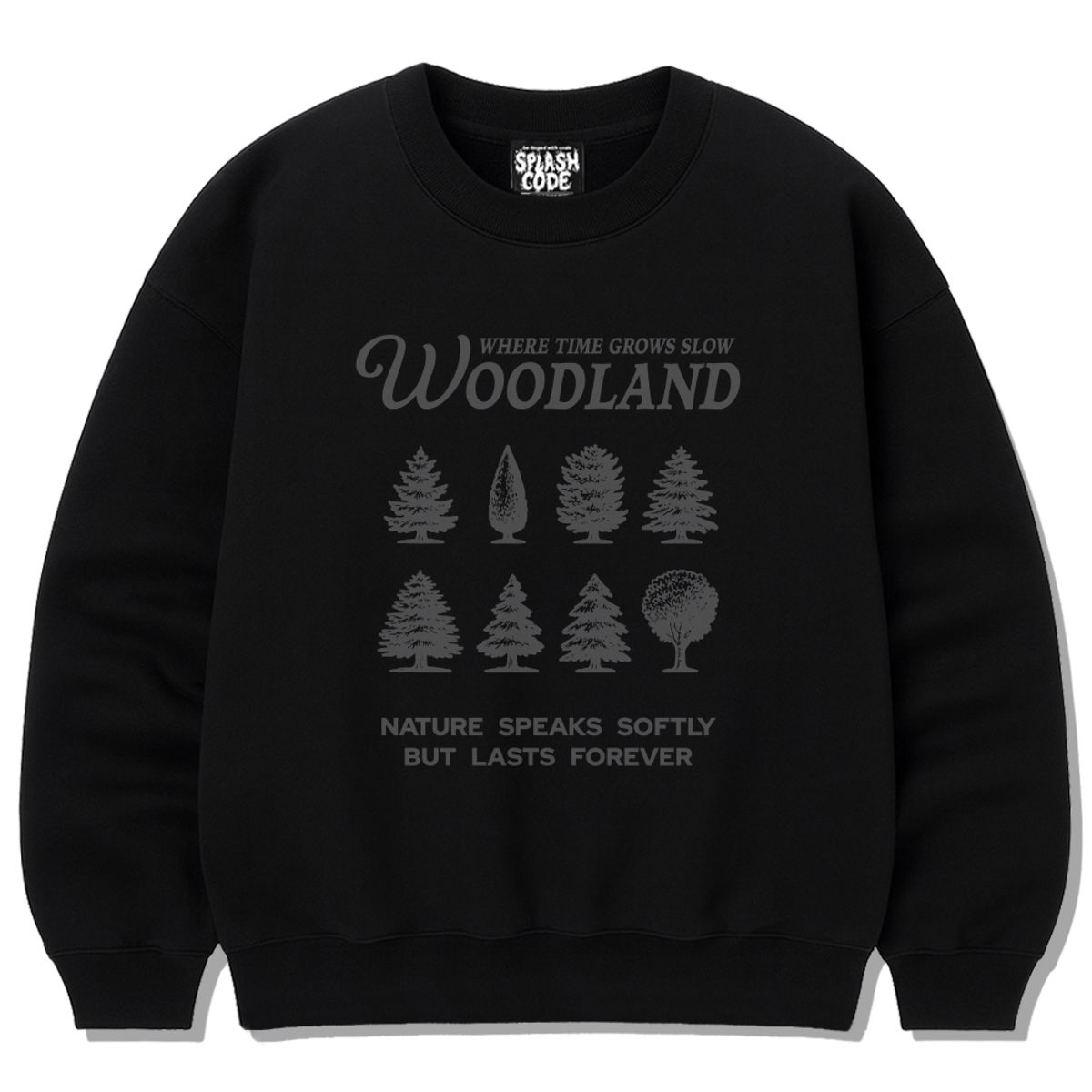 스플래시코드(SPLASHCODE) 헤비 크루넥 맨투맨 블랙 - 우드랜드(Woodland)