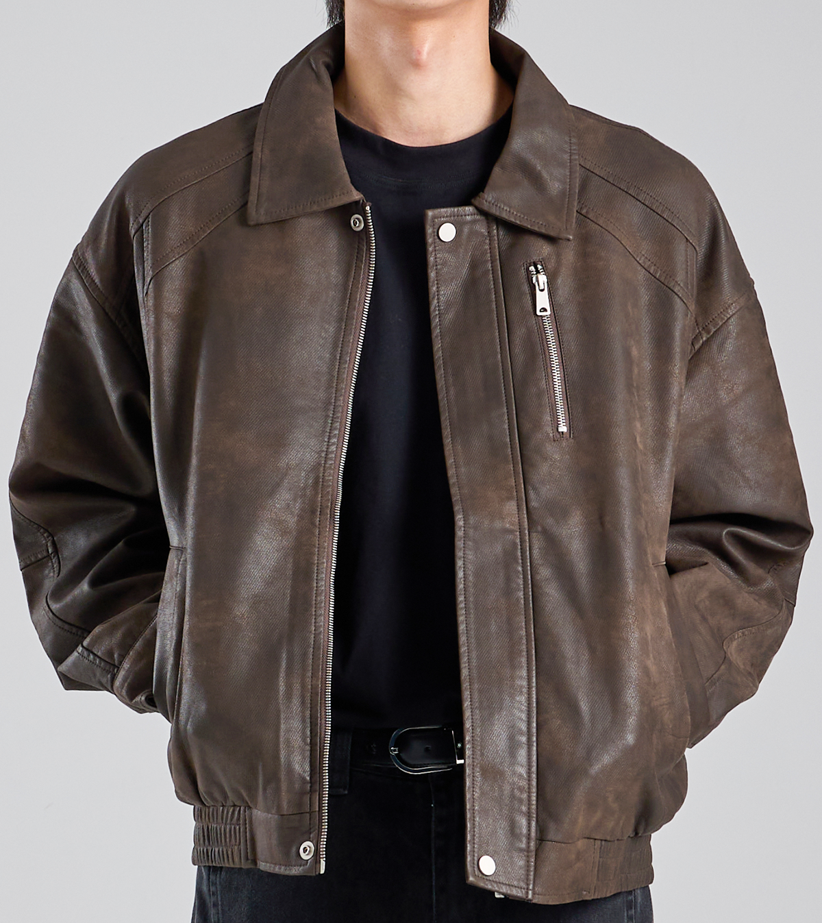 MUSINSA | BUTTON SEOUL Regular Fit Vegan Leather Bomber Jacket (Brown)