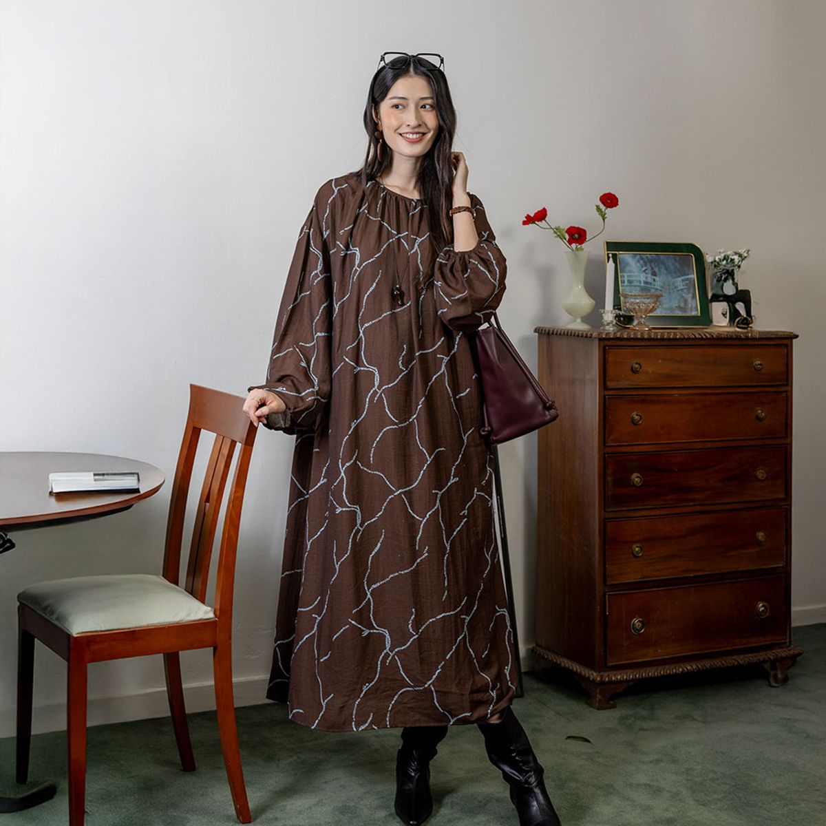 랭썬(LANGSON) LS_Chocolate long-sleeved dress_BROWN