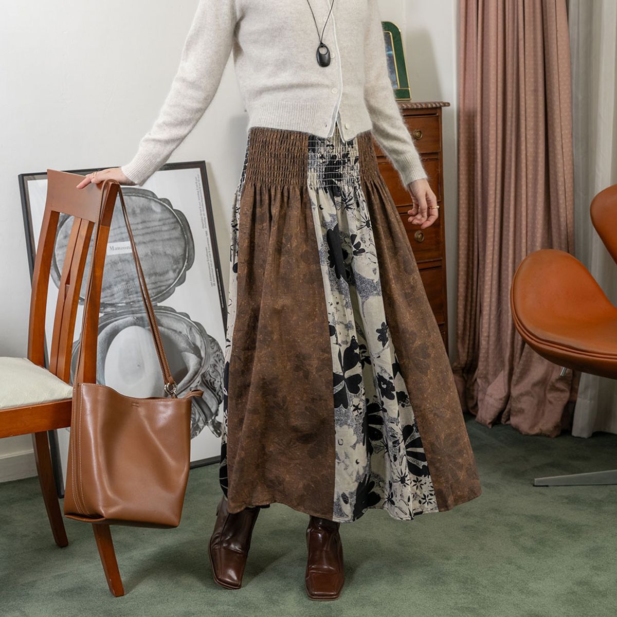 랭썬(LANGSON) LS_Brown patchwork fabric skirt