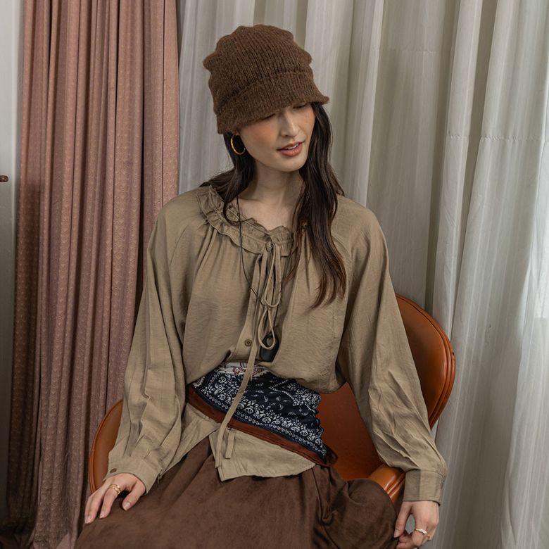 LS_Fungus collar ribbon shirt_KHAKI