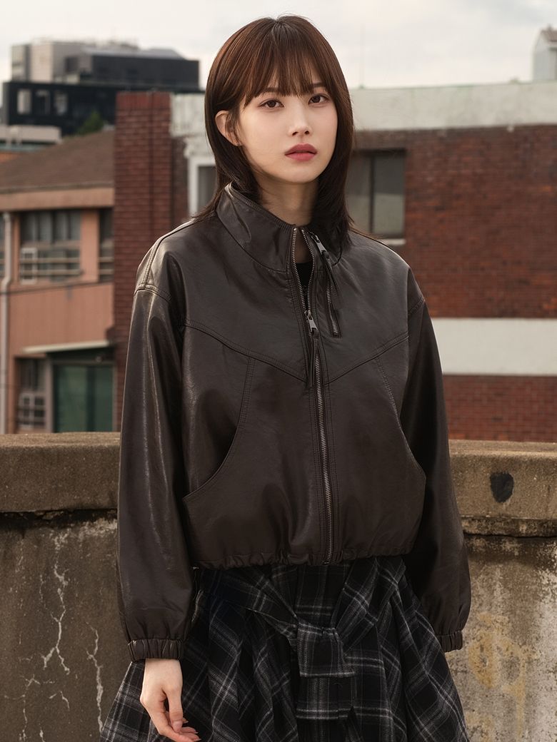 FAUX 레더 하이넥 지퍼 디테일 쟈켓 [브라운]