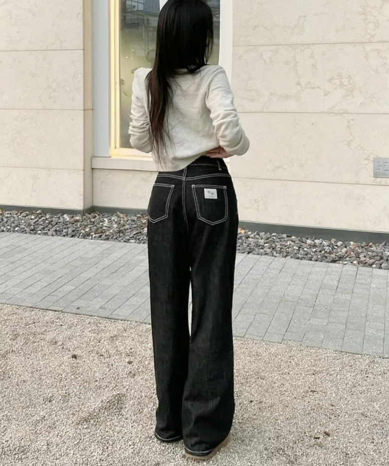위티 원턱 화이트 스티치 와이드 데님 팬츠