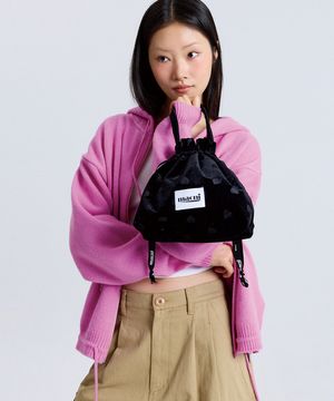 HEART VELVET STRING POUCH BAG BLACK