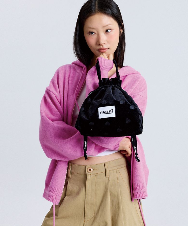 HEART VELVET STRING POUCH BAG BLACK