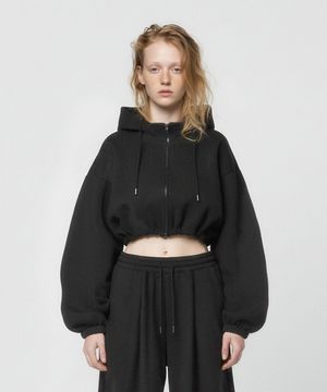 스트링 오버핏 크롭 투웨이 후드집업 - 블랙